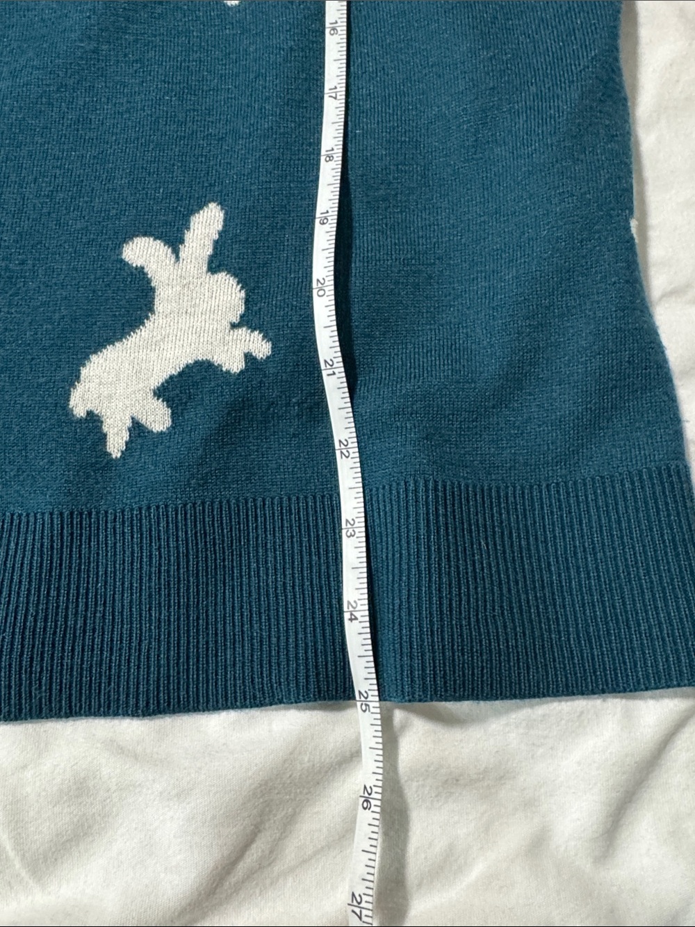 LOFT Teal Crewneck Sweater with White Bunny Motif - Picture 4 of 5